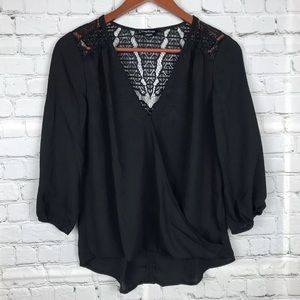 Bebe 3/4 Sleeve Lace Back Shoulder Drape Hem Top